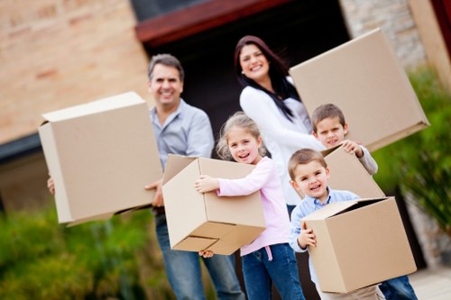 Packed boxes and furniture prepared for transport in Kentish Town