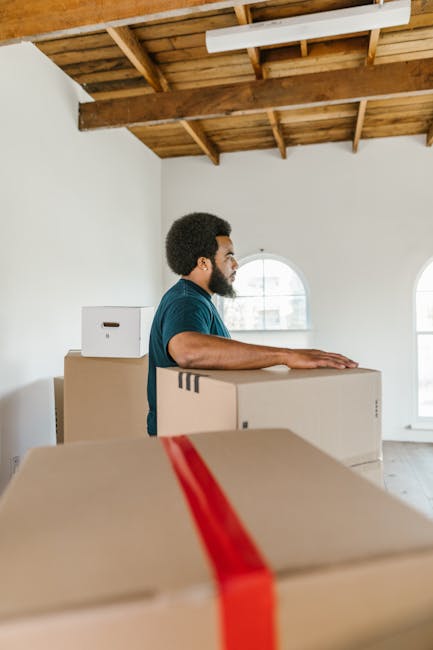 Two individuals engaged in a home relocation process inside a well-lit room with white walls and large arched windows. The man, wearing a maroon t-shirt and orange trousers, is holding a small cardboa